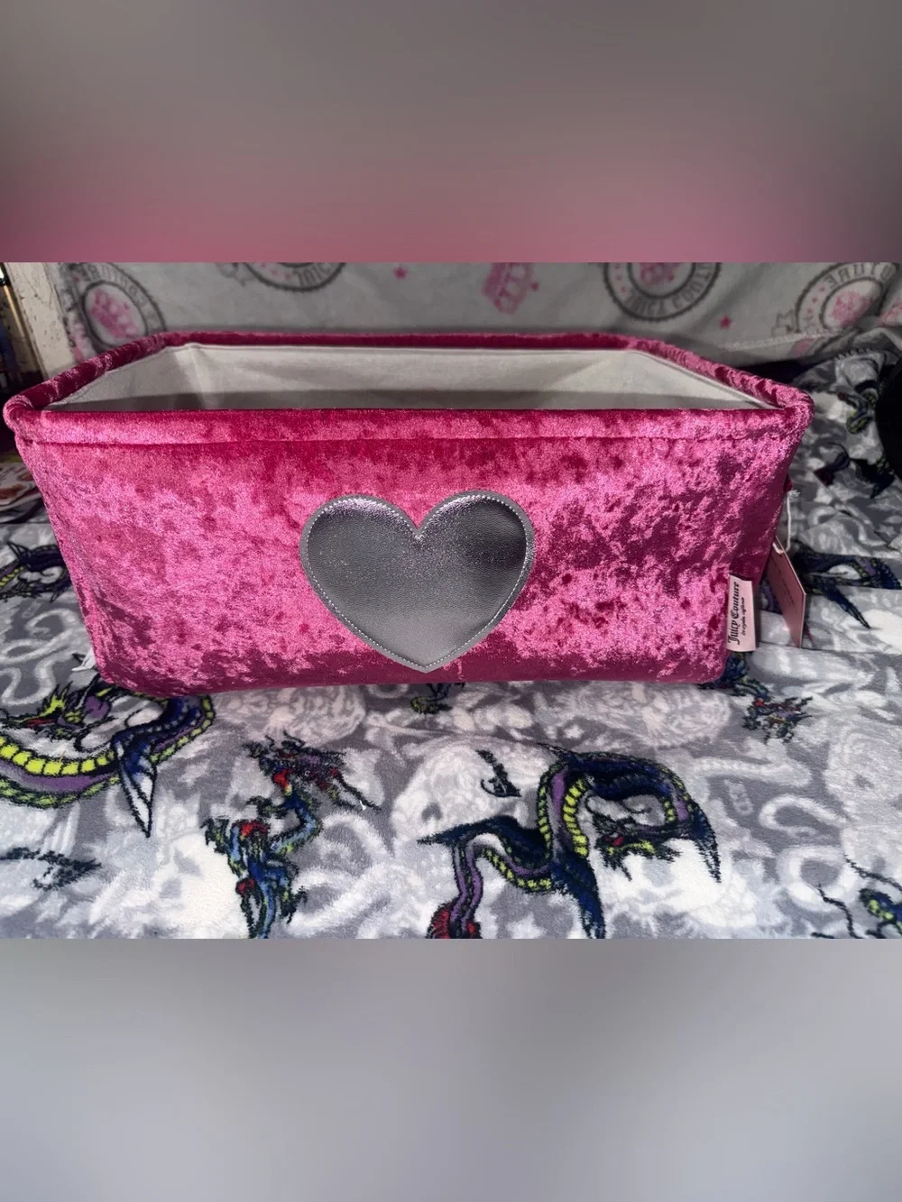 Juicy Couture Pink Velvet Storage Bin Basket with Silver Heart